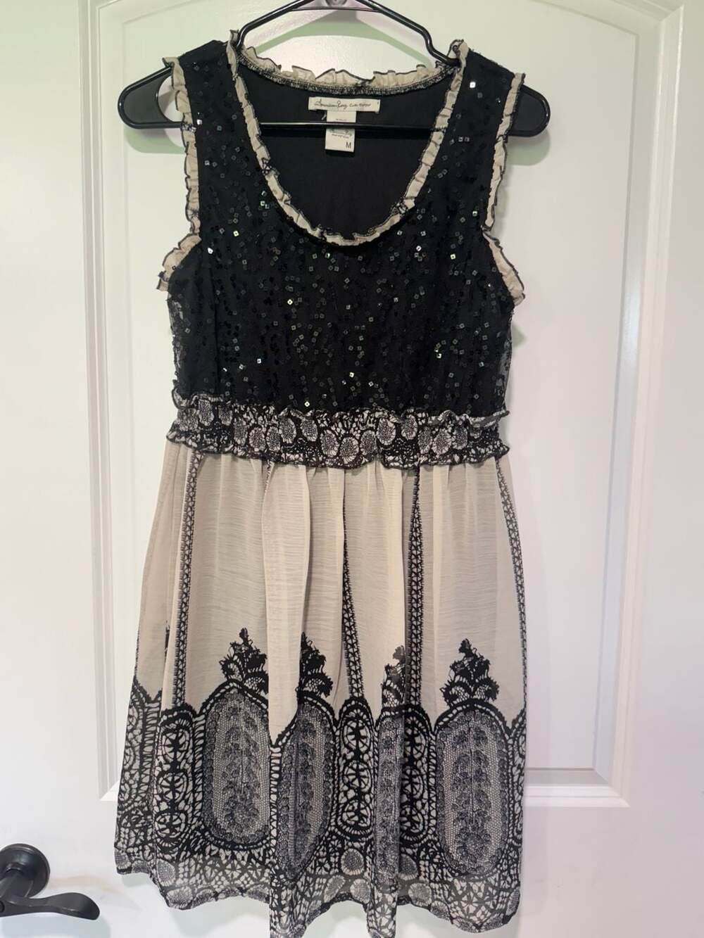 Y2K Sequin Lace Dress Black Cream Romantic Boho Whimsigoth Women’s M